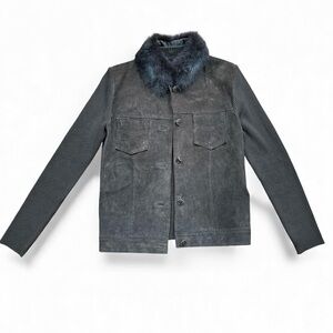 Vintage Brown Suede Jacket w/ Real Fur Collar Rib Knit Sleeves Barn Jacket M